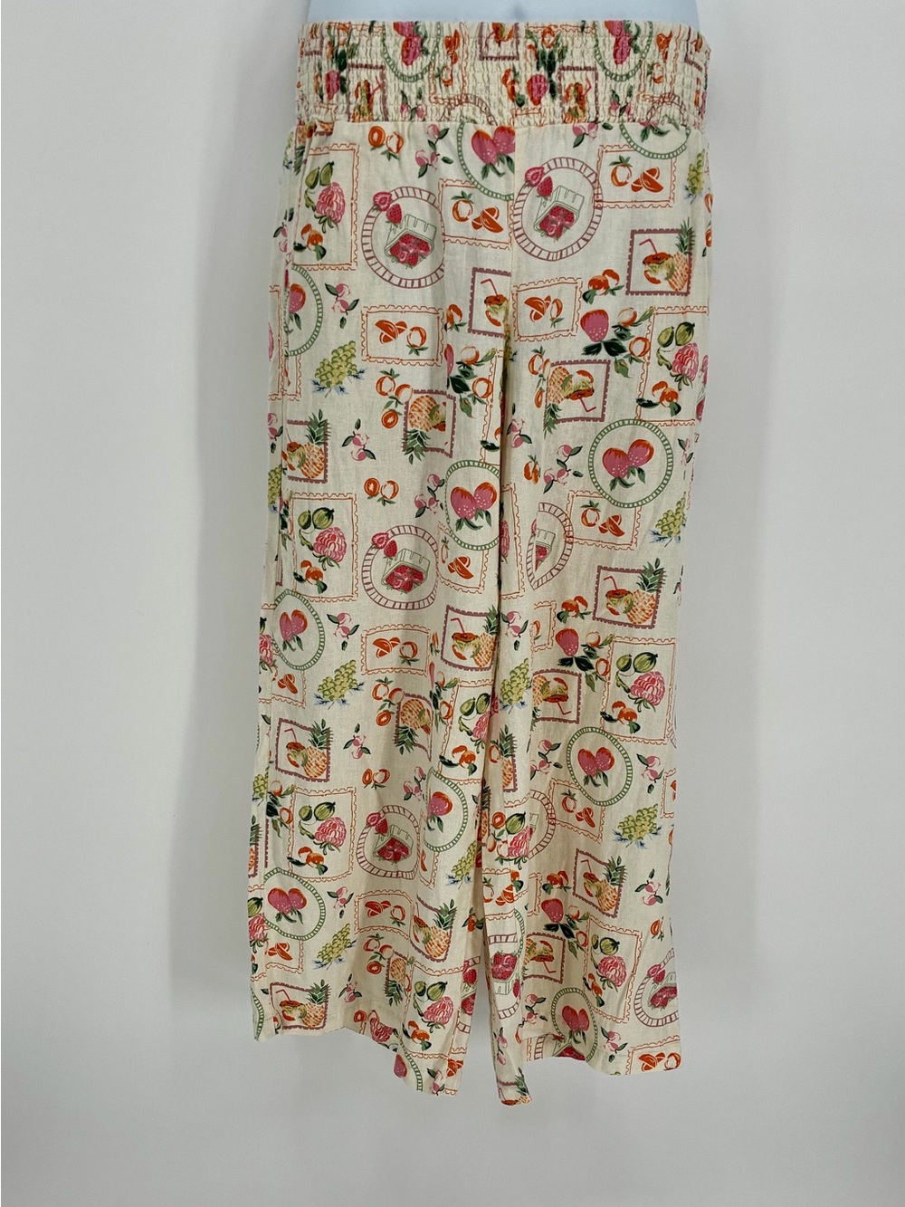 Joie Fruit Print Postcard Wide Leg Pants Elastic Waist Cream Pink Size L
